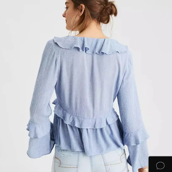 American Eagle Outfitters Deep V Blue & White Stripe Ruffle Top XS - Picture 9 of 12